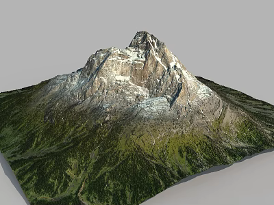 Mountain Terrain Featuring Snow Capped Peak And Lush Green Vegetation 3d model