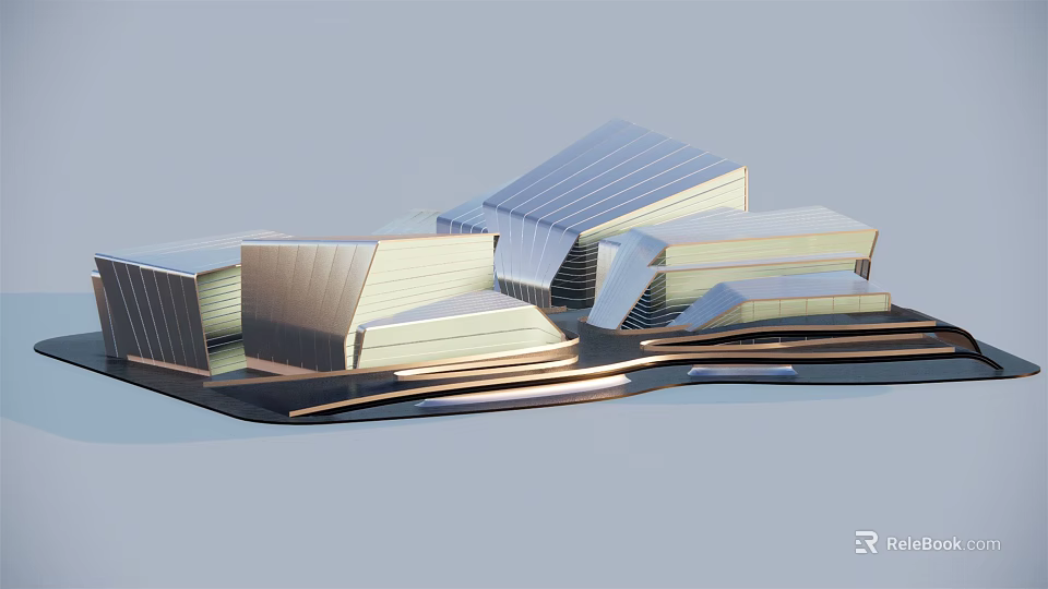 Modern Architectural Model Building Complex With Geometric Roofs And Metallic Surfaces Design 3d model 