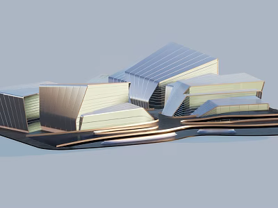 Modern Architectural Model Building Complex With Geometric Roofs And Metallic Surfaces Design 3d model