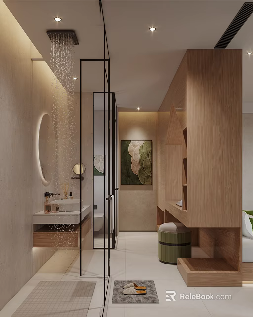 Modern Luxurious Hotel Bathroom With Wooden Elements Round Mirror Glass Shower And Green Plant Painting 3d model 