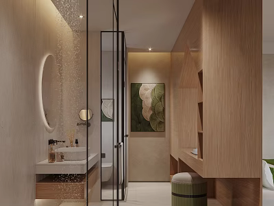 Modern Luxurious Hotel Bathroom With Wooden Elements Round Mirror Glass Shower And Green Plant Painting 3d model