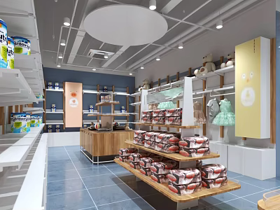 Bright Modern Retail Store Interior With Wooden Shelves Assorted Products And Spacious Layout 3d model