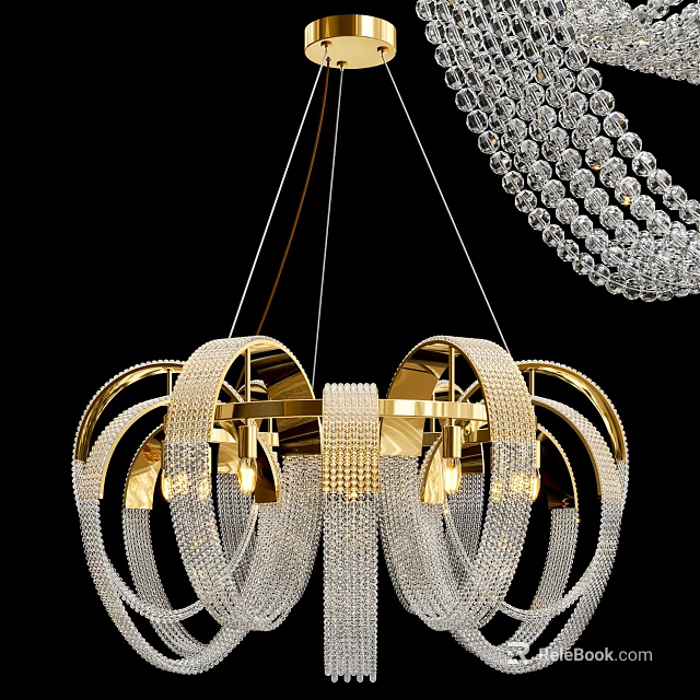 Luxury Modern Gold Chandelier with Circular Rings and Transparent Crystal Beads Design 3d model 