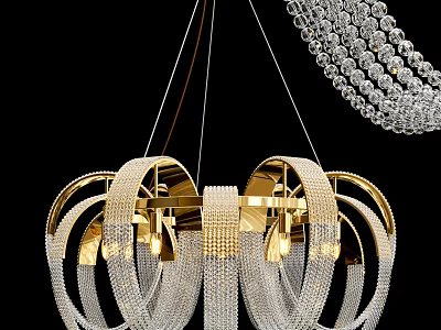 Luxury Modern Gold Chandelier with Circular Rings and Transparent Crystal Beads Design 3d model