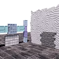 Textured White Background Wall With Colorful Blocks And Gray Tiled Floor 3d model