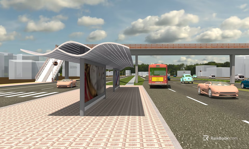 Bus Stop With Wavy Awning Billboard Brick Pavement Road With Vehicles Overpass And Cloudy Sky 3d model 