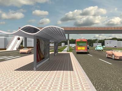 Bus Stop With Wavy Awning Billboard Brick Pavement Road With Vehicles Overpass And Cloudy Sky 3d model