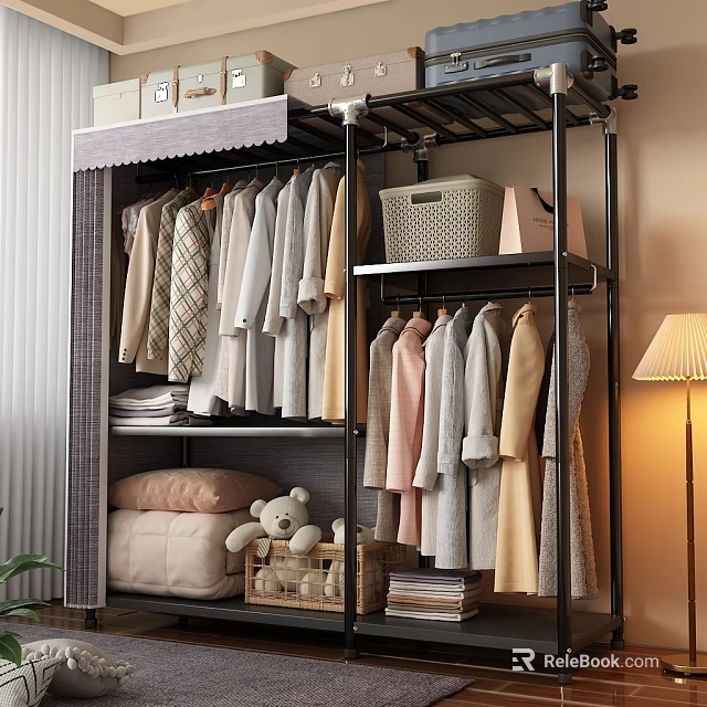 Open Metal Frame Wardrobe with Hanging Clothes Folded Quilts and Teddy Bear 3d model 