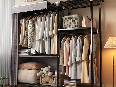 Open Metal Frame Wardrobe with Hanging Clothes Folded Quilts and Teddy Bear 3d model