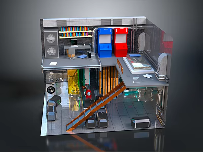 Cute Teddy Bear In Miniature Room With Bookshelf Colorful Cabinets Staircase And Furniture 3d model