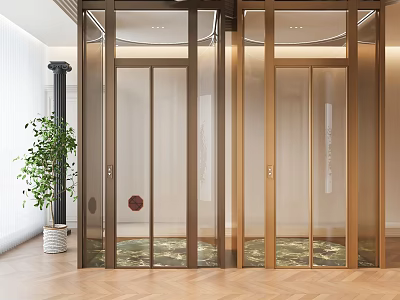 Modern Glass Elevator With Gold Frame In Elegant Interior And Wooden Floor 3d model