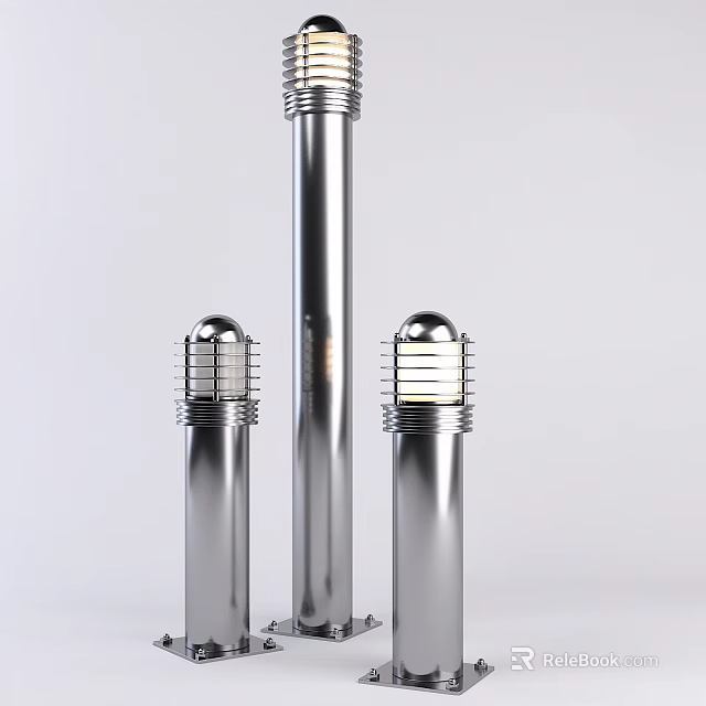 Three Silver Outdoor Lights With Tall Center Shorter Sides Cylindrical Poles Round Shades Metallic Finish 3d model 