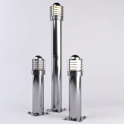 Three Silver Outdoor Lights With Tall Center Shorter Sides Cylindrical Poles Round Shades Metallic Finish 3d model