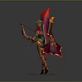 Blue Skinned Fantasy Character With Red Pointed Hat Green Pants Bow And Golden Decorations Standing On Stone Platform