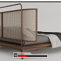 Modern Double Bed With Rattan Headboard Wooden Frame Gray And White Bedding Elegant Design