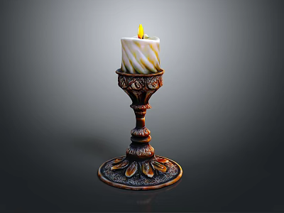 Decorative Carved Candlestick With Lit White Striped Candle And Flame 3d model