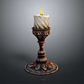 Decorative Carved Candlestick With Lit White Striped Candle And Flame