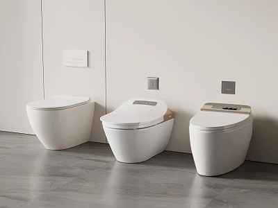 Three Modern White Wall Mounted Toilets with Sleek Design in Bathroom 3d model