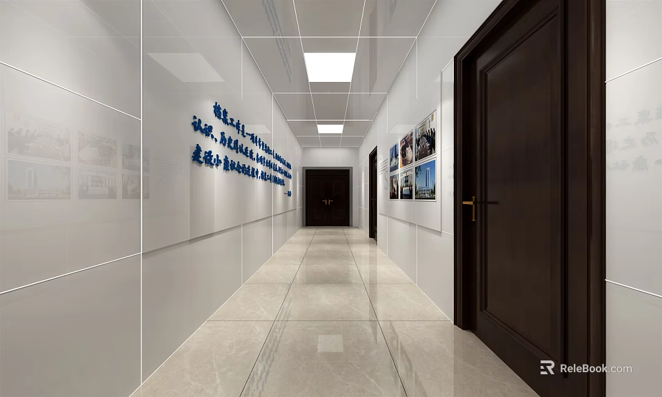 Modern Office Corridor Interior With White Walls Blue Text Photos And Ceiling Lights 3d model 