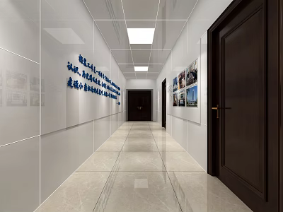 Modern Office Corridor Interior With White Walls Blue Text Photos And Ceiling Lights 3d model