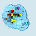 Colorful Water Playground Equipment with Slides Yellow Roofs Green Structures and Blue Pool