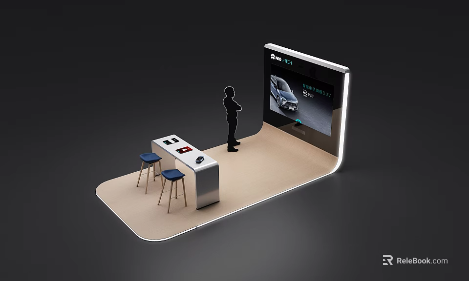 Modern Exhibition Booth Setup With Display Screen Person And Blue Stools 3d model