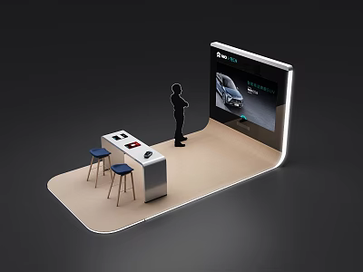Modern Exhibition Booth Setup With Display Screen Person And Blue Stools 3d model