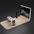 Modern Exhibition Booth Setup With Display Screen Person And Blue Stools 3d model