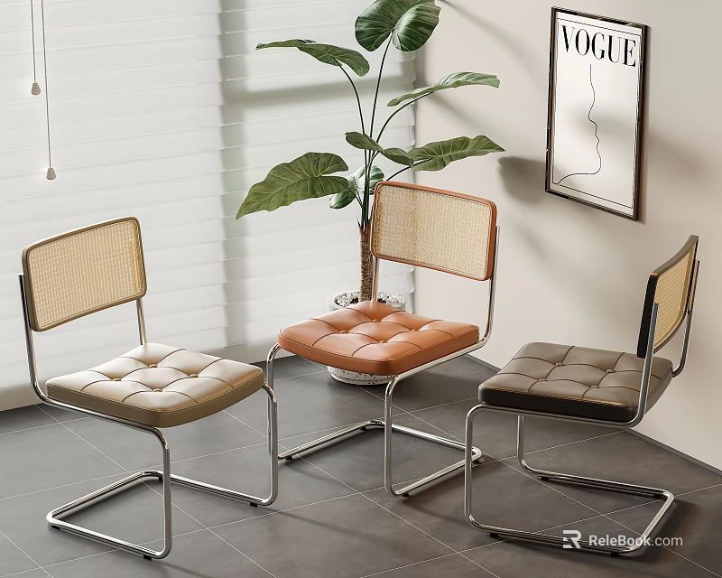 Modern Stylish Dining Chairs With Metal Frame Woven Backrest And Colored Seats In Interior 3d model 