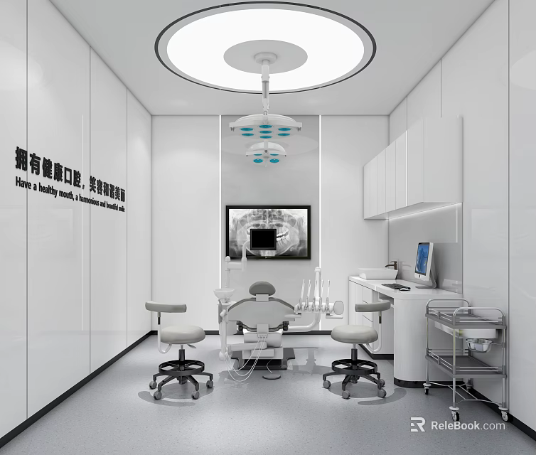Modern Dental Clinic Interior With Treatment Chair Surgical Light And Cabinets 3d model 