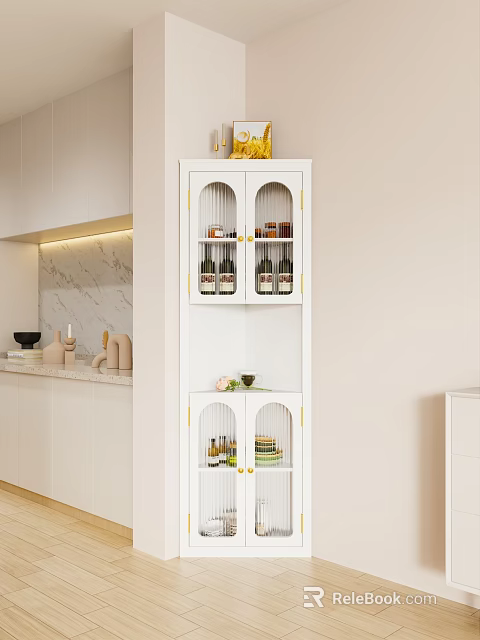 White Buffet Cabinet With Glass Doors Gold Accents And Wine Bottles In Modern Kitchen 3d model 