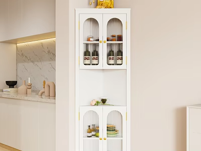 White Buffet Cabinet With Glass Doors Gold Accents And Wine Bottles In Modern Kitchen 3d model