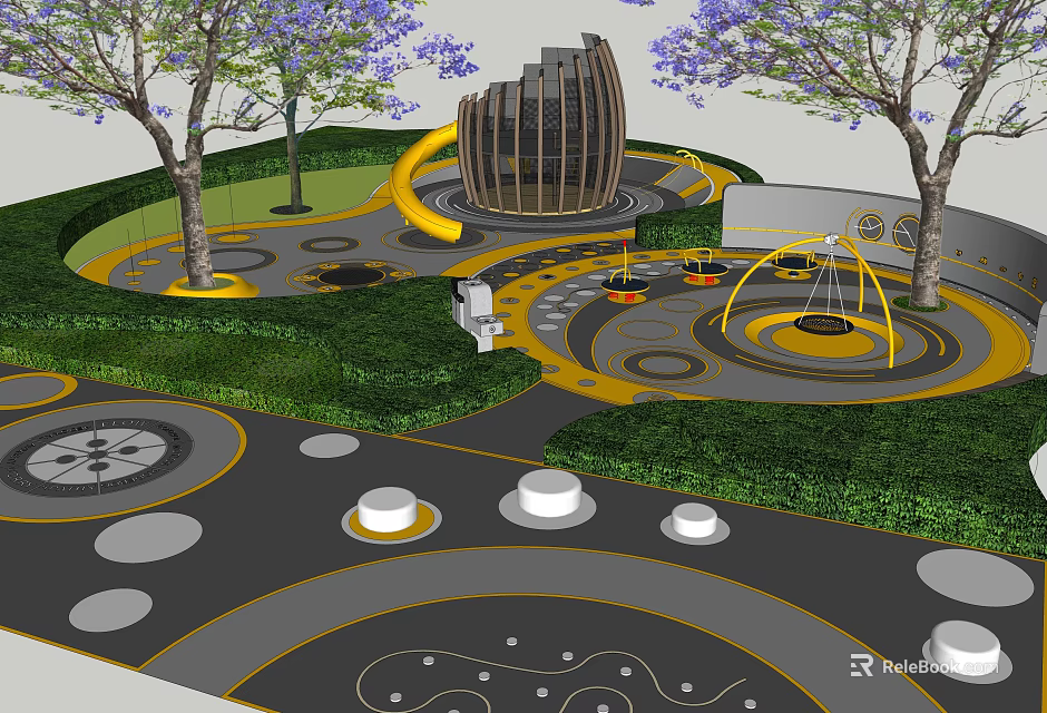 Modern Children's Playground With Purple Flower Trees Yellow Circular Track Swings And White Seats 3d model 