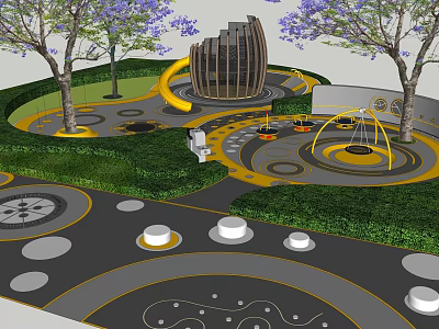 Modern Children's Playground With Purple Flower Trees Yellow Circular Track Swings And White Seats 3d model