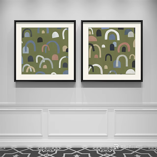 Colorful Arch Pattern Artworks In Black Frames On White Wainscoted Wall 3d model