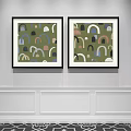 Colorful Arch Pattern Artworks In Black Frames On White Wainscoted Wall 3d model
