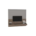 Modern TV Background Wall With Light Upper Wooden Panel And Decorative Vases On Stand