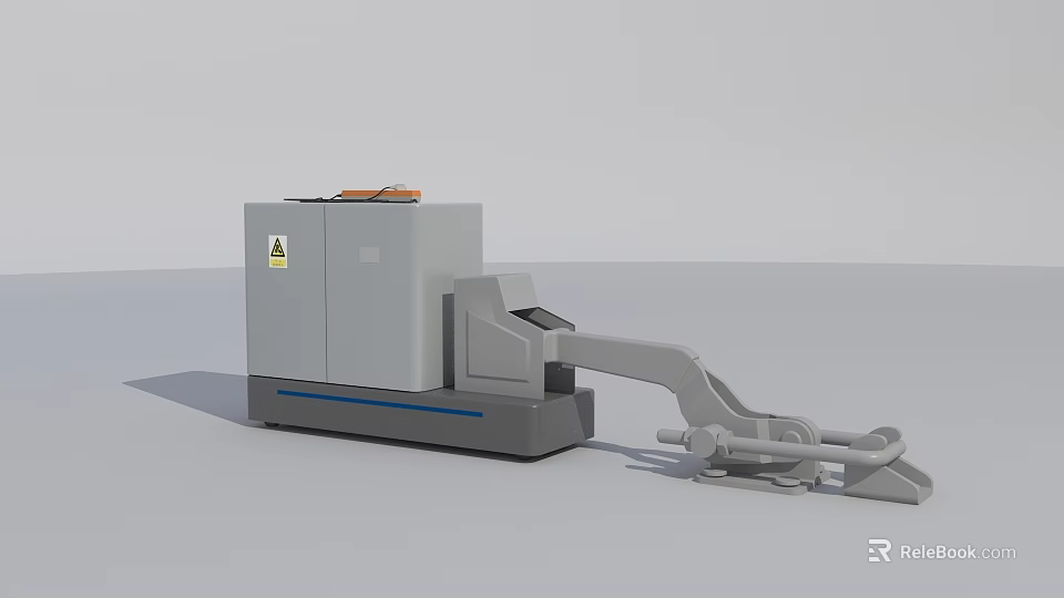Gray Industrial Equipment With Blue Stripe Yellow Warning Sign And Orange Top Mechanical Arm 3d model 