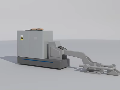 Gray Industrial Equipment With Blue Stripe Yellow Warning Sign And Orange Top Mechanical Arm 3d model