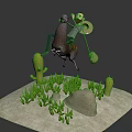 Adventurous Cartoon Character Riding Brown Horse In Desert With Green Cactus Grass And Rock