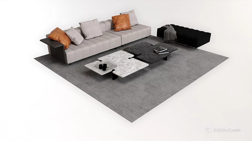 Modern Gray Sofa with Orange Pillows and Marble Coffee Table Set 3d model