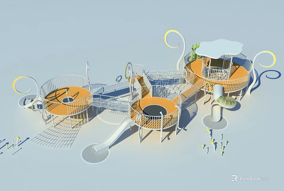 Fun Colorful Outdoor Playground Equipment With Round Platforms Slides Climbing Nets And Mushroom Canopies 3d model 