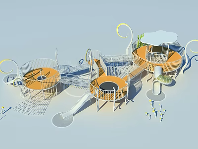 Fun Colorful Outdoor Playground Equipment With Round Platforms Slides Climbing Nets And Mushroom Canopies 3d model