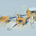 Fun Colorful Outdoor Playground Equipment With Round Platforms Slides Climbing Nets And Mushroom Canopies