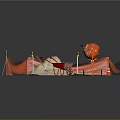 Construction Site With Orange Safety Fence Sand Red Wheelbarrow Concrete Mixer Traffic Cones Road Barriers