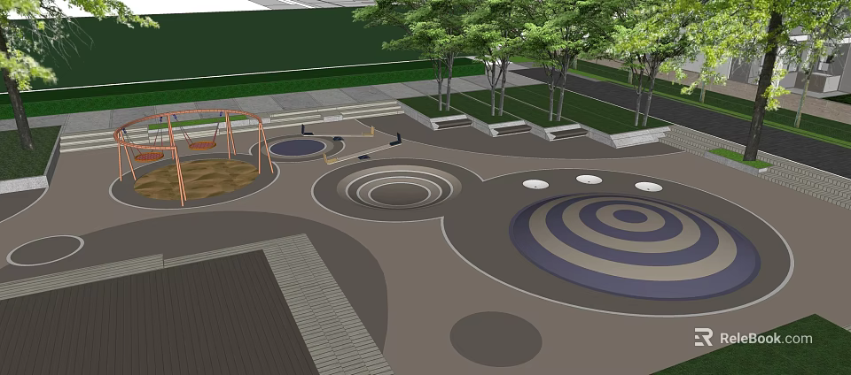 Square Landscape Design With Children's Play Area Trees Seats And Circular Paved Patterns 3d model 