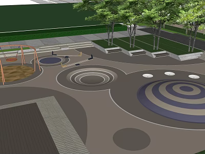 Square Landscape Design With Children's Play Area Trees Seats And Circular Paved Patterns 3d model