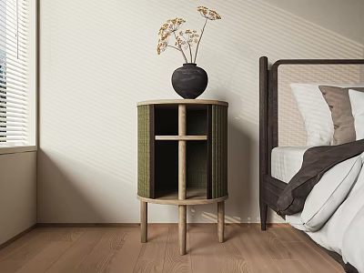 Modern Minimalist Corner Table With Woven Design Wooden Legs And Vase In Bedroom 3d model