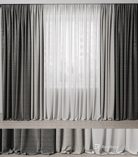 Elegant Layered Curtain Design With Sheer White And Dark Gray Panels For Home Decor 3d model 