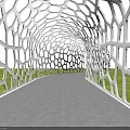 Modern White Honeycomb Design Pergola With Green Grass Gray Path And Sunlight Shadows